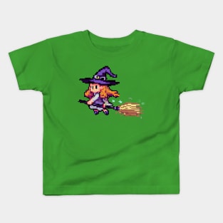 Little witch riding a broom, Pixel art Kids T-Shirt